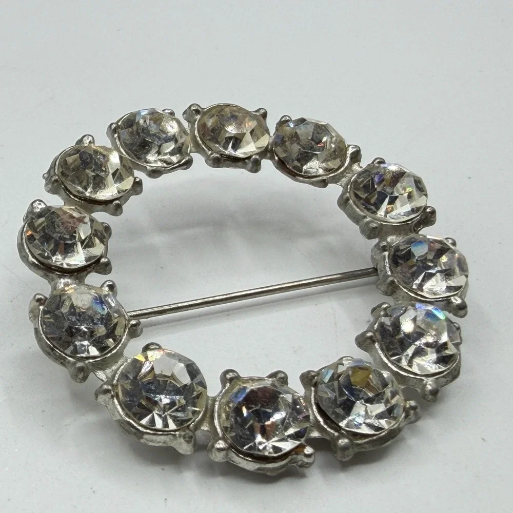 Clear Rhinestone Silver Tone Round Wreath Brooch Pin Bridal Statement Glam Gift